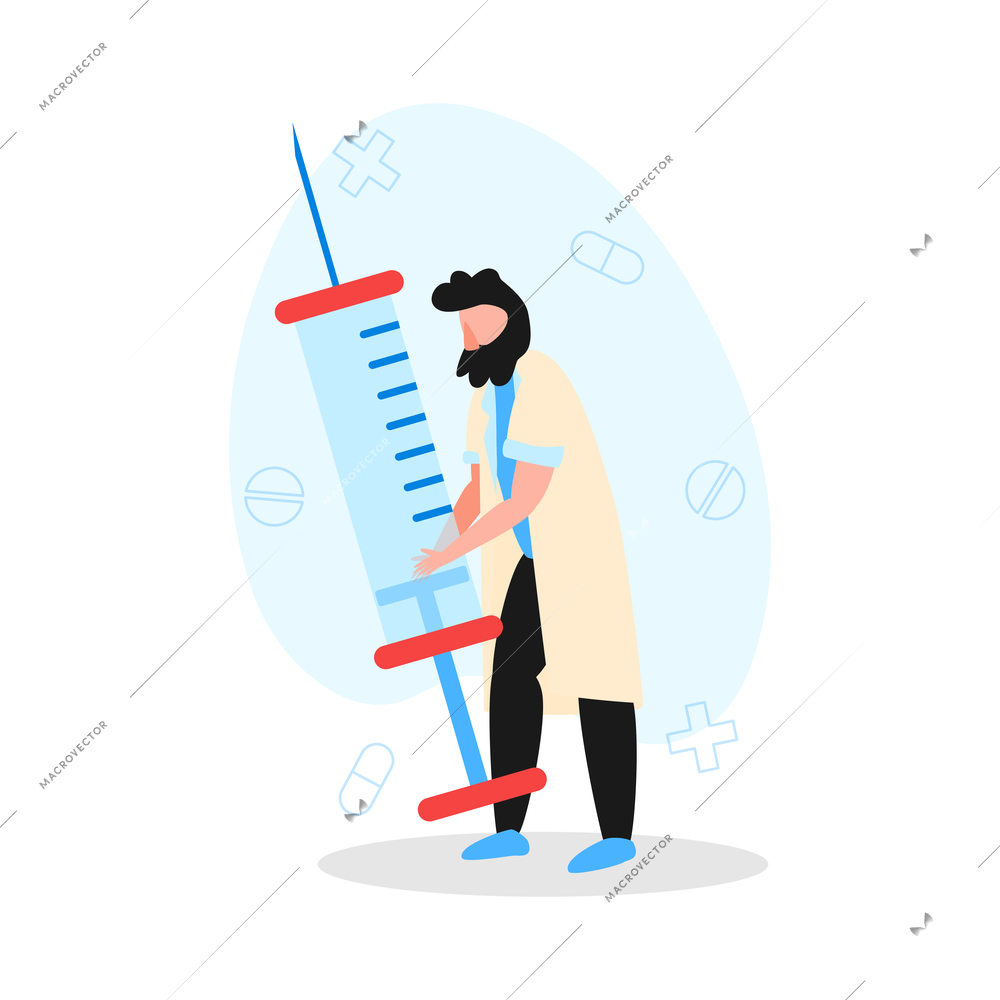Online doctor medicine composition with character of male doctor holding syringe vector illustration