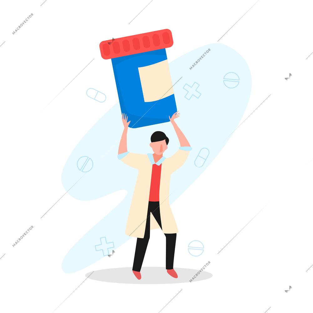 Online doctor medicine composition with character of doctor holding pack of pills above head vector illustration