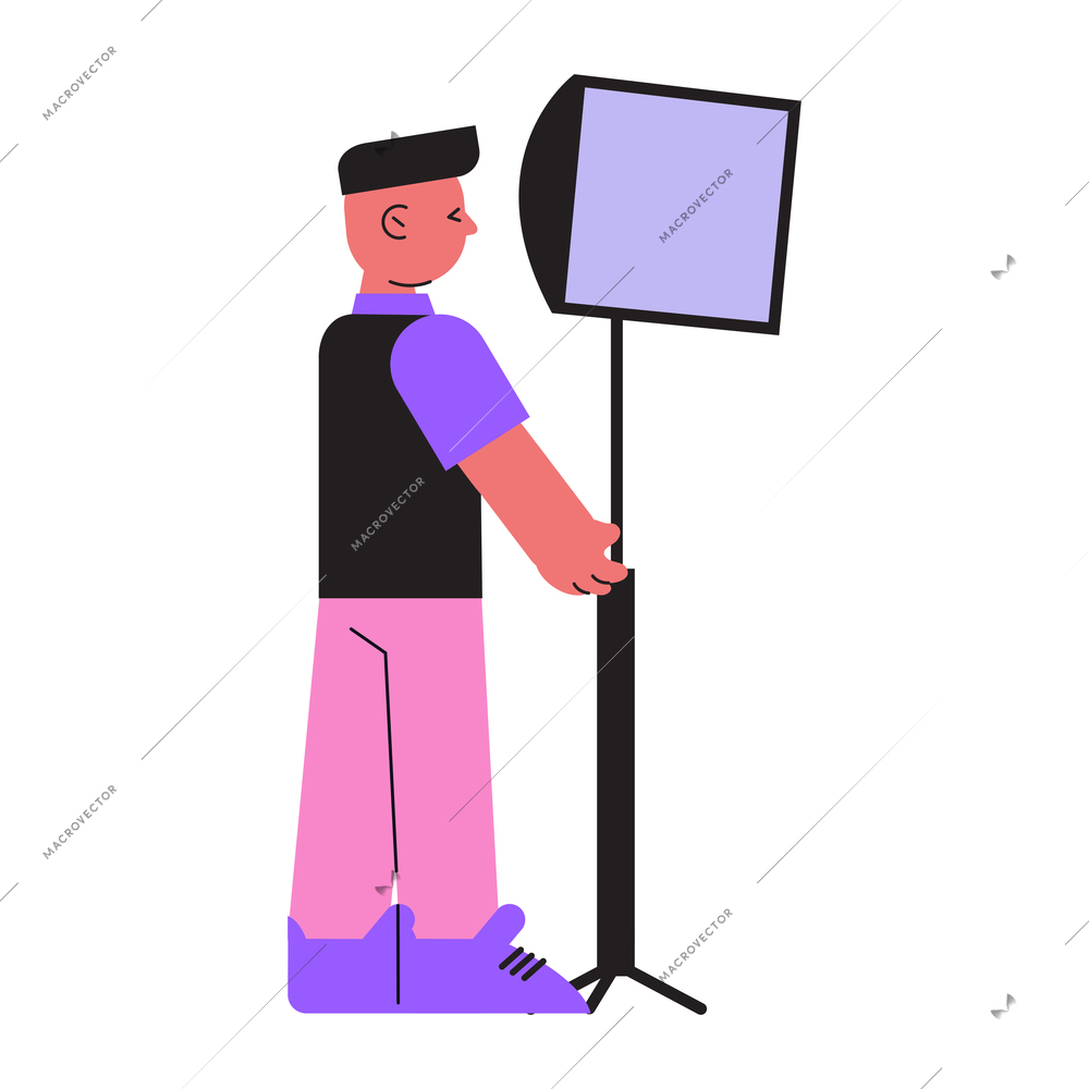 Photo session flat composition with male character of assistant with lighting soft box vector illustration