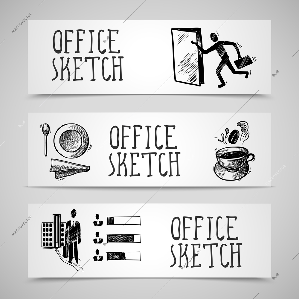 Office business sketch design concept horizontal banner set isolated vector illustration