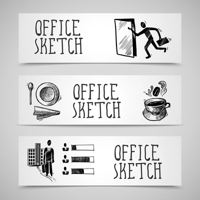 Office business sketch design concept horizontal banner set isolated vector illustration