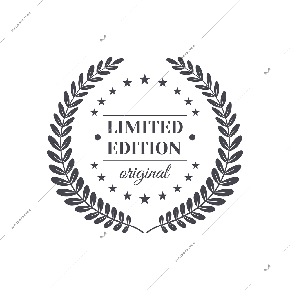 Premium monochrome emblem realistic composition with ornate text and laurel wreath isolated vector illustration