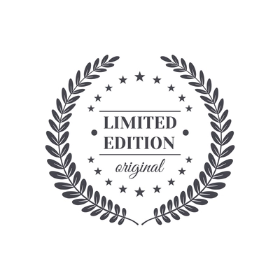 Premium monochrome emblem realistic composition with ornate text and laurel wreath isolated vector illustration