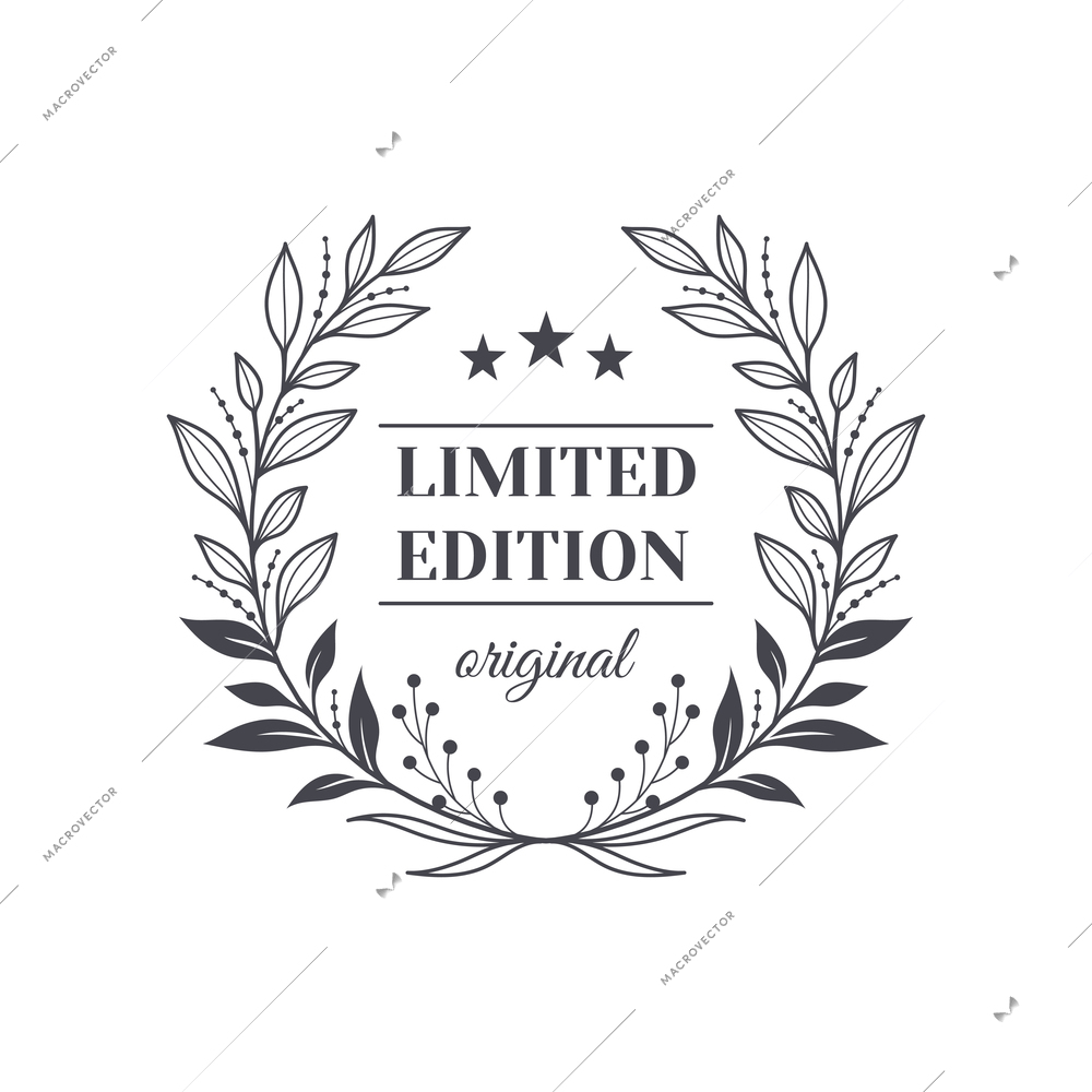 Premium monochrome emblem realistic composition with ornate text and laurel wreath isolated vector illustration