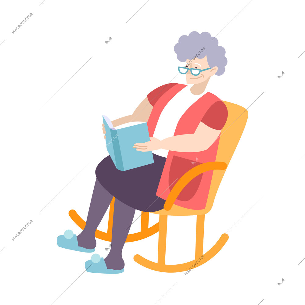 Book people composition with isolated image of rocking chair with sitting character of elderly woman reading book vector illustration