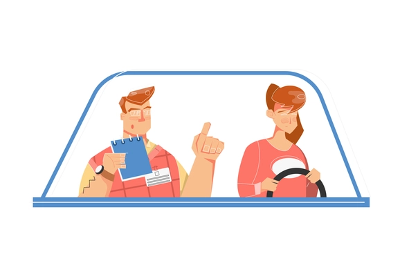 Driving school flat composition with characters of female student and instructor sitting in car vector illustration