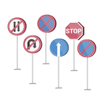 Driving school flat composition with range of traffic signs on poles vector illustration