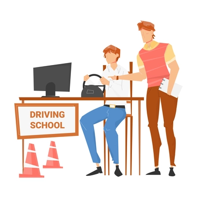 Driving school flat composition with student at computer table and teacher characters vector illustration