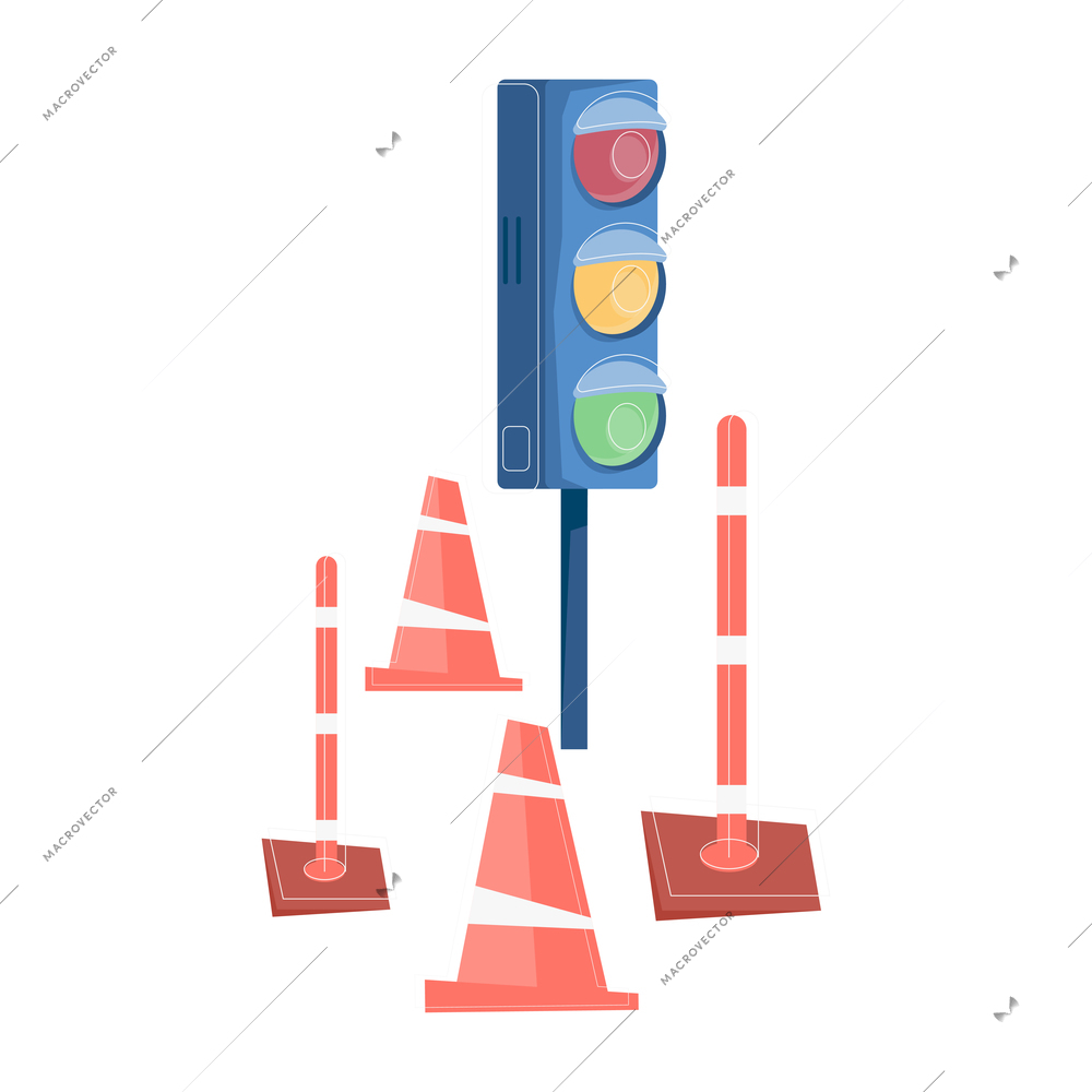 Driving school flat composition with traffic light surrounded by traffic cones and barriers vector illustration