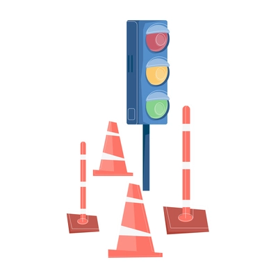 Driving school flat composition with traffic light surrounded by traffic cones and barriers vector illustration