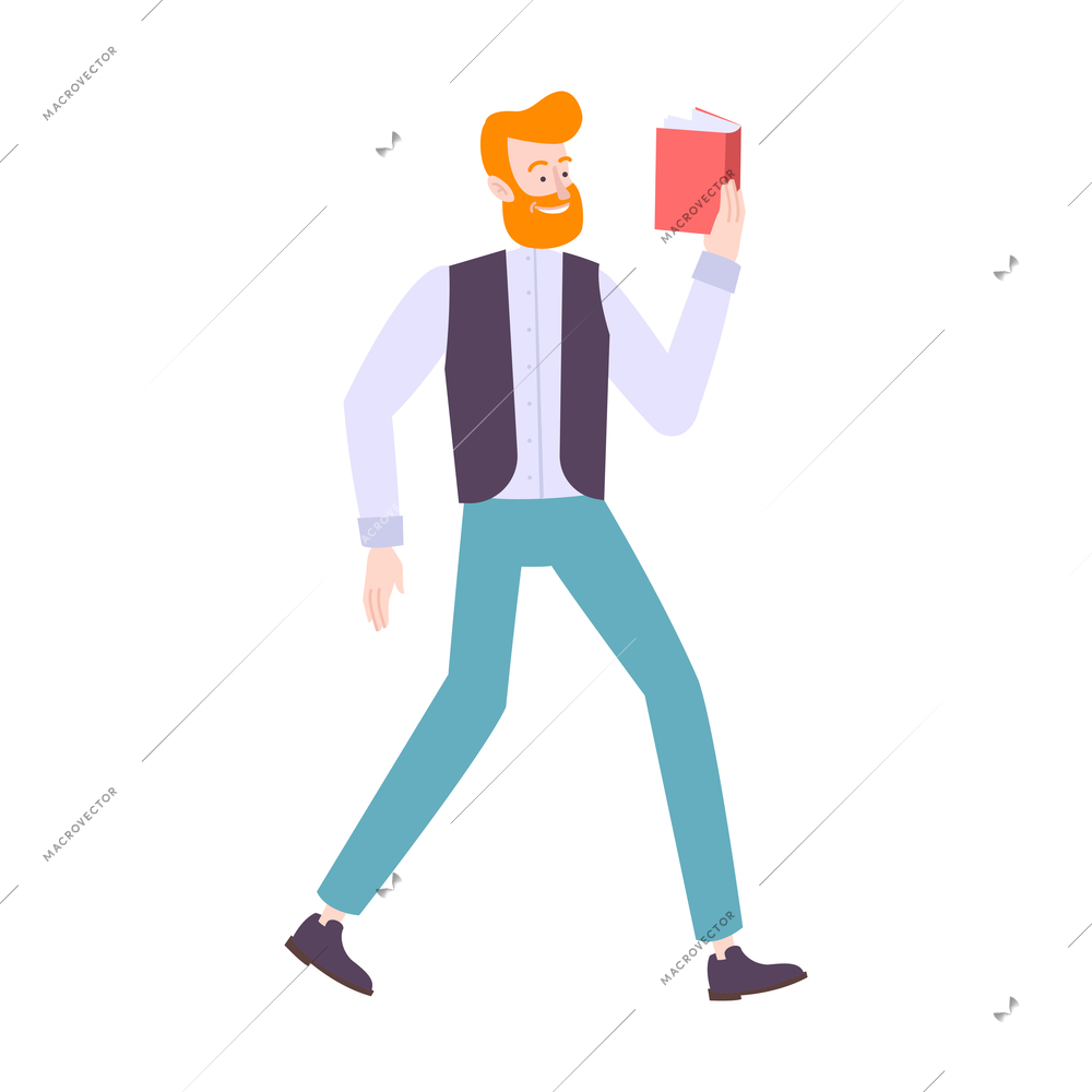 Book people composition with isolated human character of man reading book on the go vector illustration