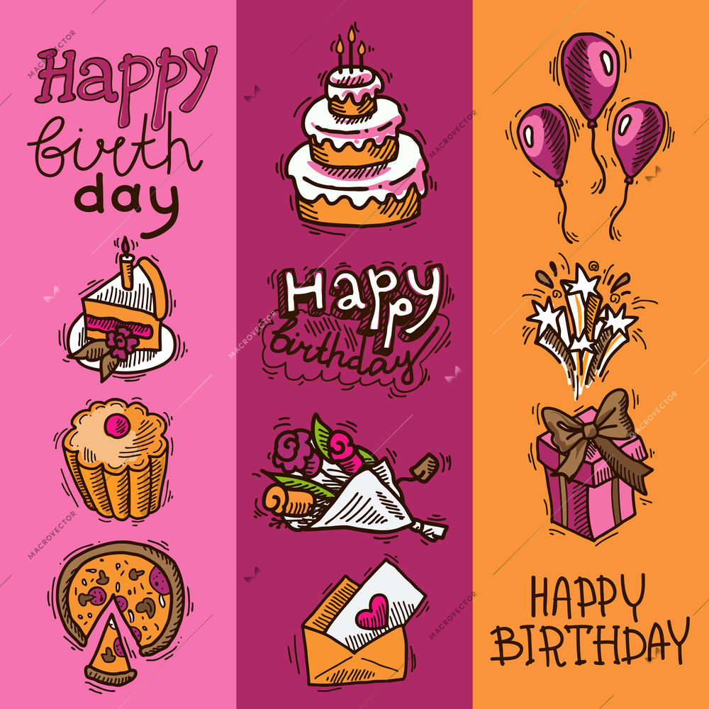 Birthday party celebration sketch decorative colored vertical banner set with flowers balloons fireworks isolated vector illustration