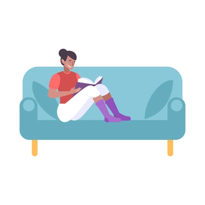 Book people composition with isolated image of sofa with sitting female character reading book vector illustration