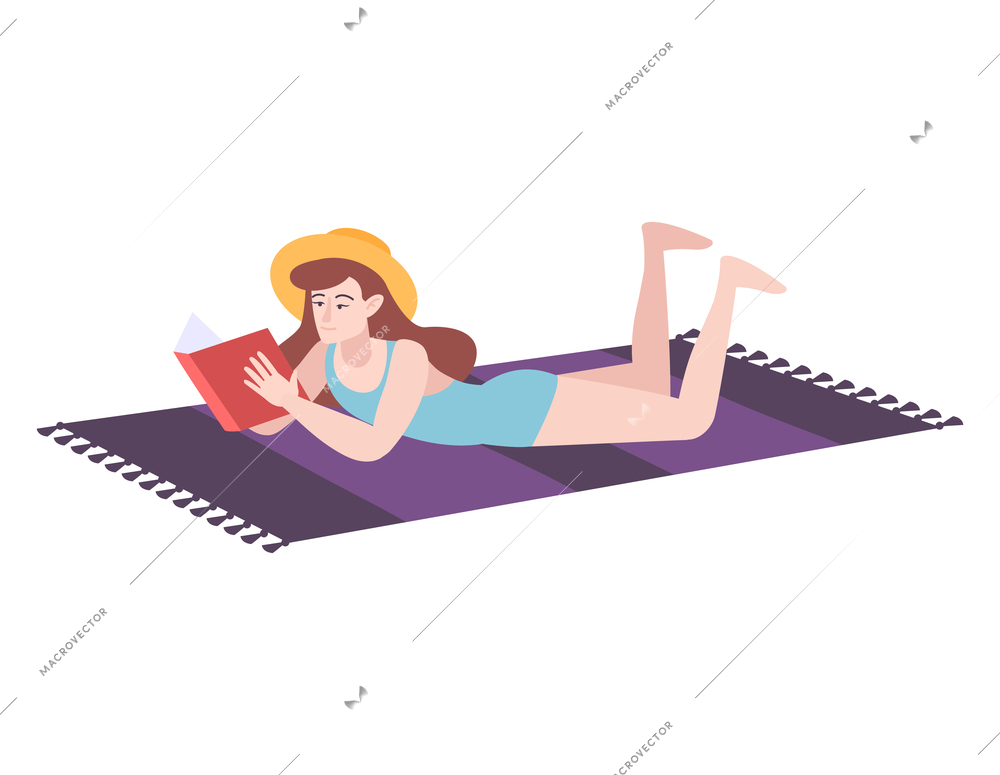 Book people composition with isolated character of woman in hat lying on carpet reading book vector illustration