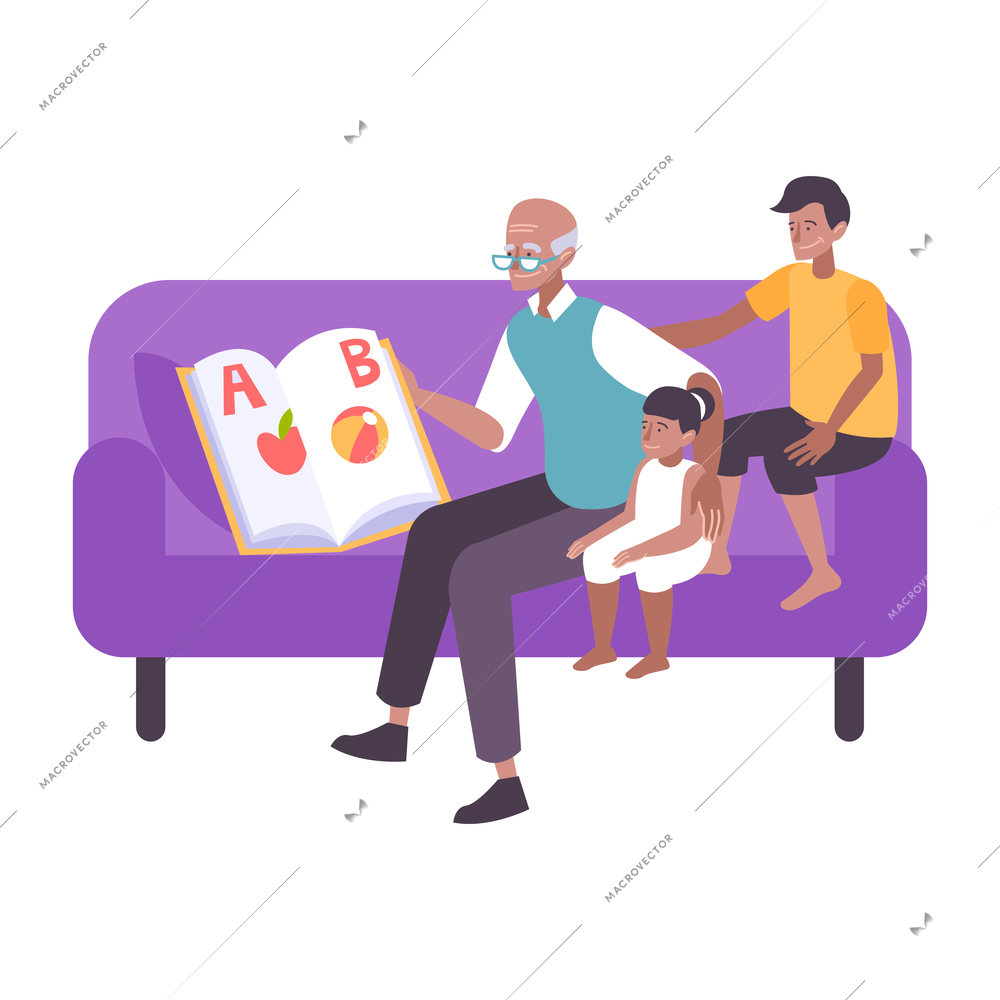 Book people composition with isolated image of sofa with family members and grandfather reading alphabet book for kids vector illustration