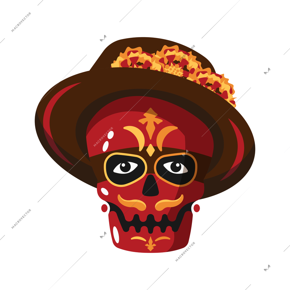 Day of dead as mexican ethnic holiday cartoon composition with painted human skull in traditional hat vector illustration
