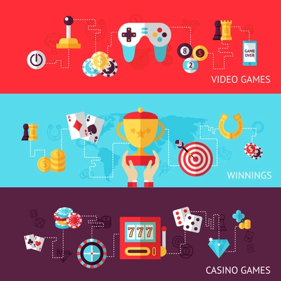Game design banner set with casino fortune winning video isolated vector illustration