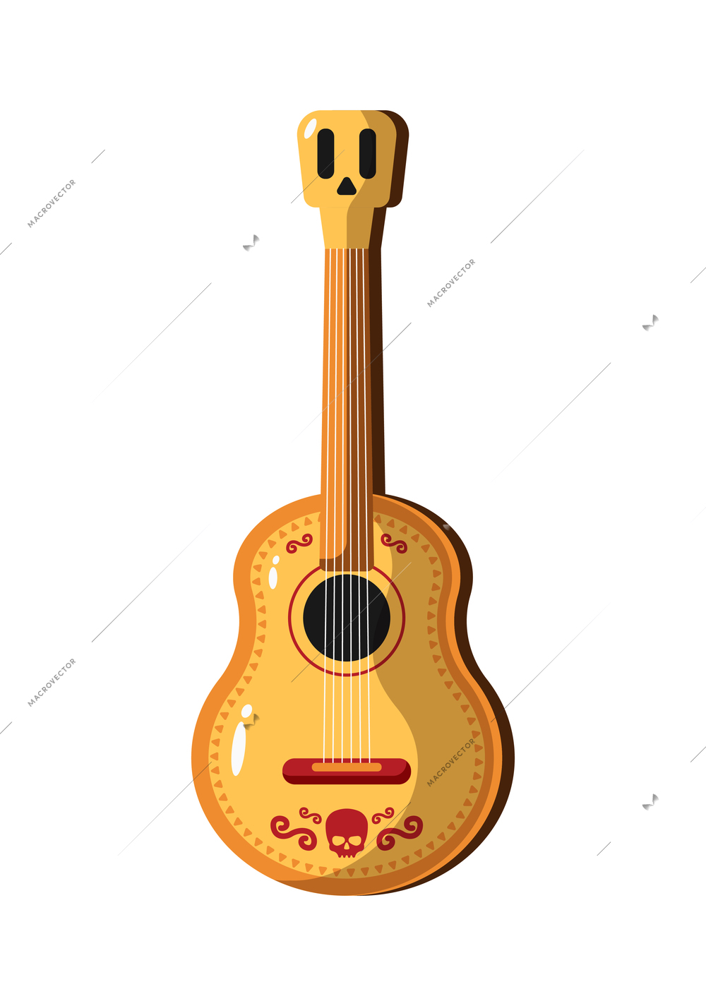 Day of dead as mexican ethnic holiday cartoon composition with isolated image of brown acoustic guitar vector illustration