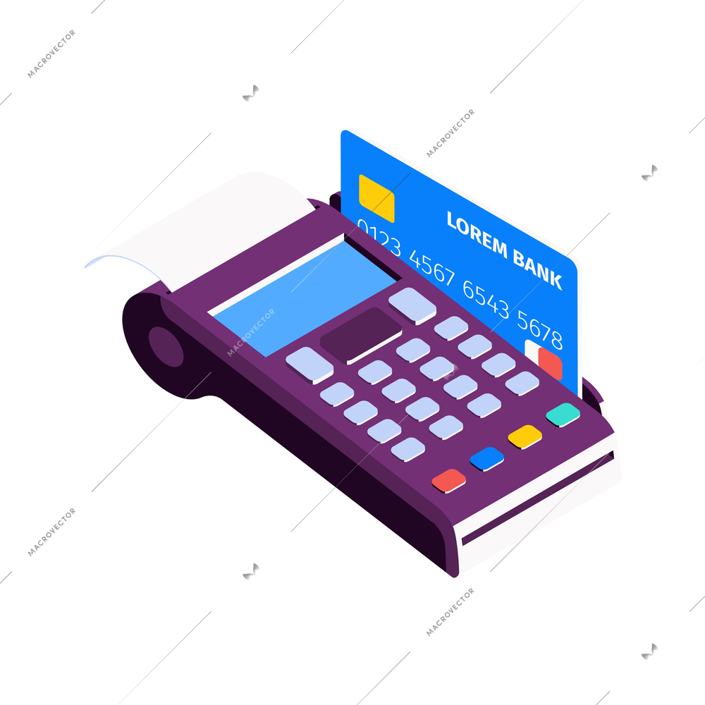 Isometric online mobile bank composition with icons of credit card and payment terminal vector illustration