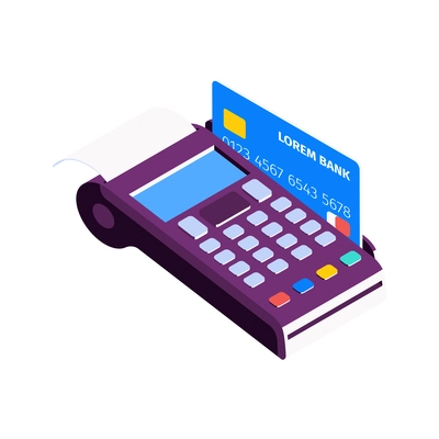 Isometric online mobile bank composition with icons of credit card and payment terminal vector illustration