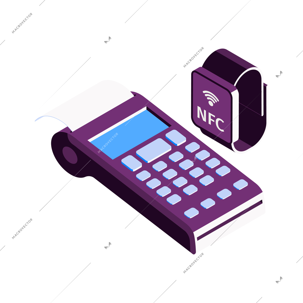 Isometric online mobile bank composition with icons of smart watch and payment terminal vector illustration