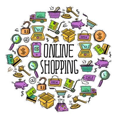 E-commerce online shopping decorative icons sketch set in circle shape vector illustration