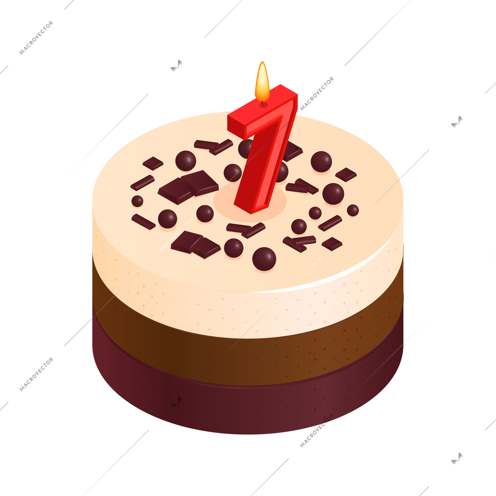 Birthday cake composition with isolated image of sweet cake for anniversary with cream toppings and digit shaped candle isometric vector illustration