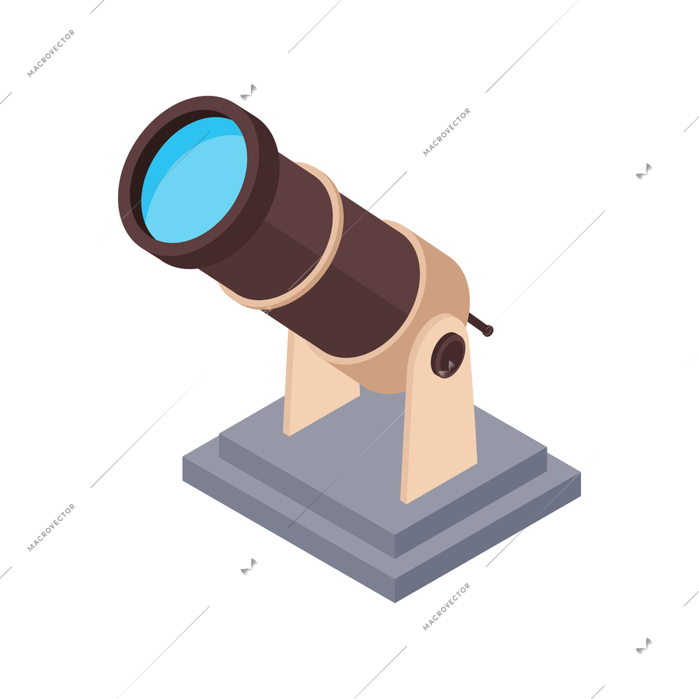 Isometric planetarium composition with isolated image of manual telescope vector illustration