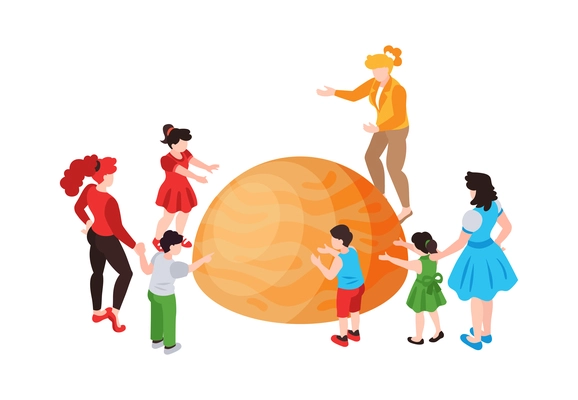 Isometric planetarium composition with isolated characters of children with adult teachers and model of planet vector illustration