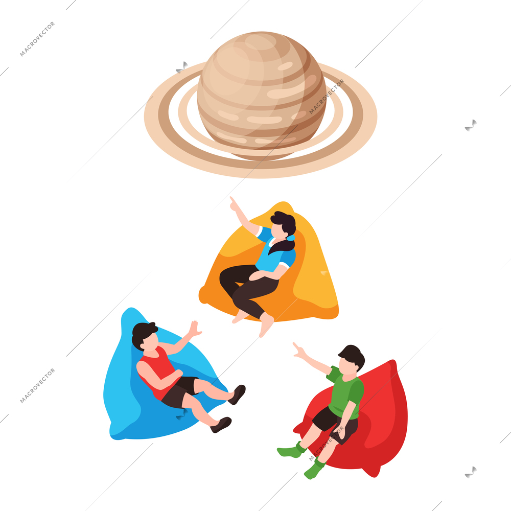 Isometric planetarium composition with isolated image of saturn planet observed by kids in lounge chairs vector illustration