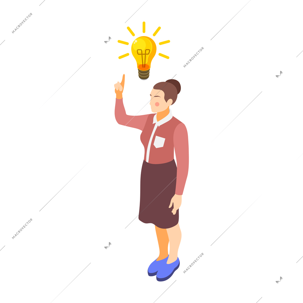 Brand building isometric composition with female character of brand manager with icon of flashing lamp vector illustration