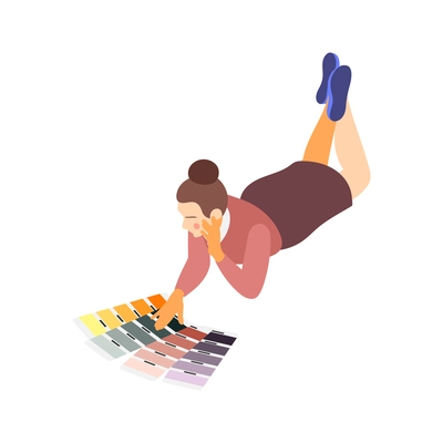 Brand building isometric composition with female character of brand manager choosing color in palette vector illustration