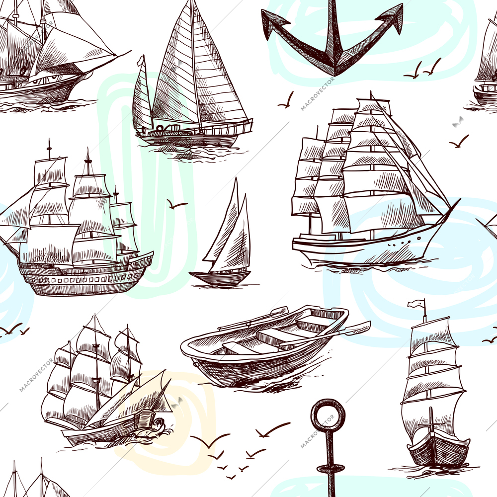 Sailing tall ships frigates brigantine clipper yachts and boat sketch seamless pattern vector illustration