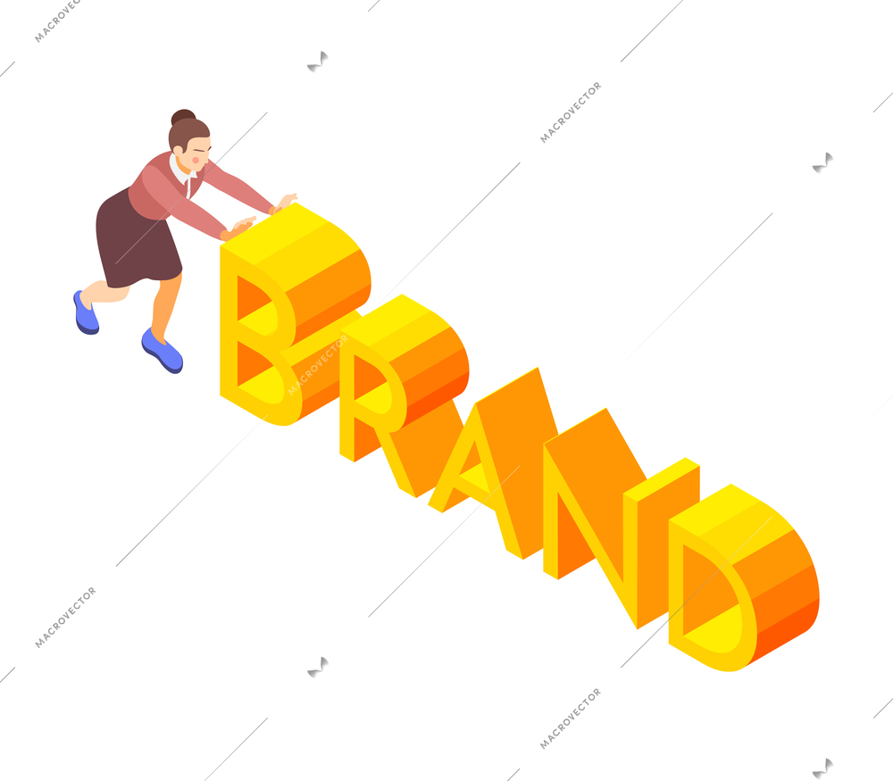 Brand building isometric composition with female character of brand manager pushing 3d text vector illustration