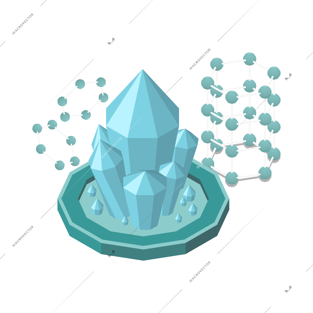 Nanotechnology isometric composition with isolated image of crystals with icons of molecules vector illustration