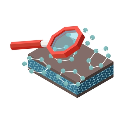 Nanotechnology isometric composition with isolated image of hand glass with molecules and piece of layered material vector illustration