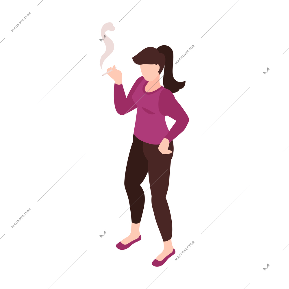 Isometric hookah tobacco smoke composition with isolated character of smoking woman on blank background vector illustration