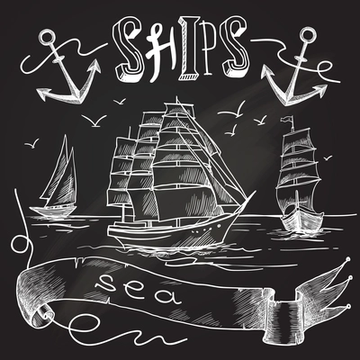 Ship chalkboard poster with sea birds anchors and sailing elements vector illustration.