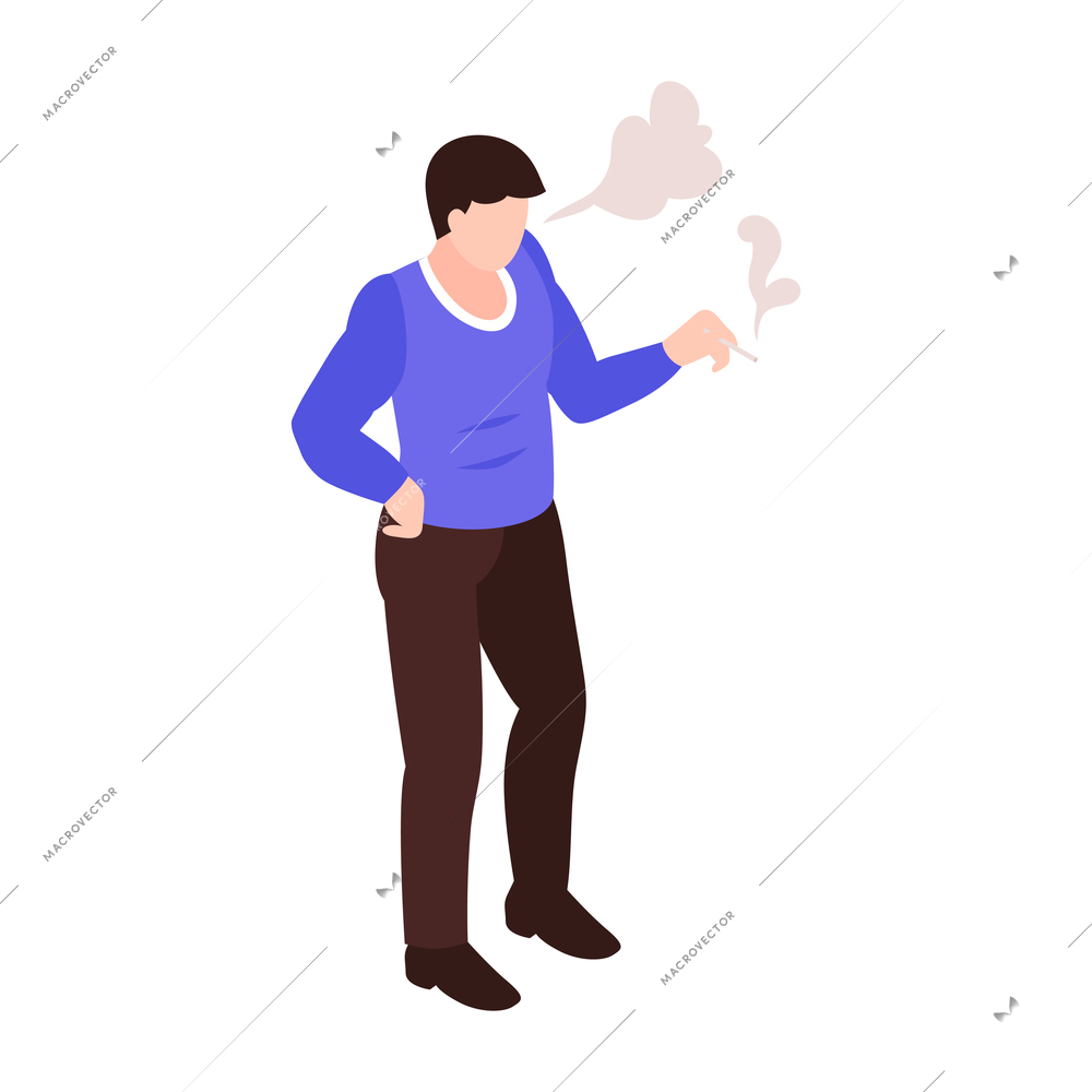 Isometric hookah tobacco smoke composition with isolated character of smoking man on blank background vector illustration