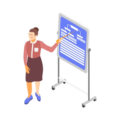 Brand building isometric composition with female character of brand manager presentation vector illustration