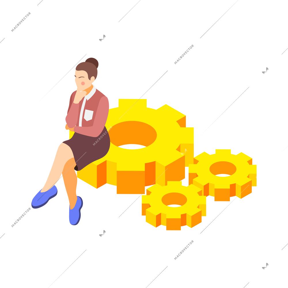 Brand building isometric composition with female character of brand manager sitting on gears vector illustration