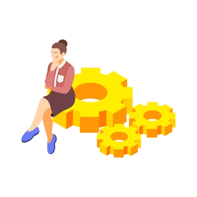 Brand building isometric composition with female character of brand manager sitting on gears vector illustration