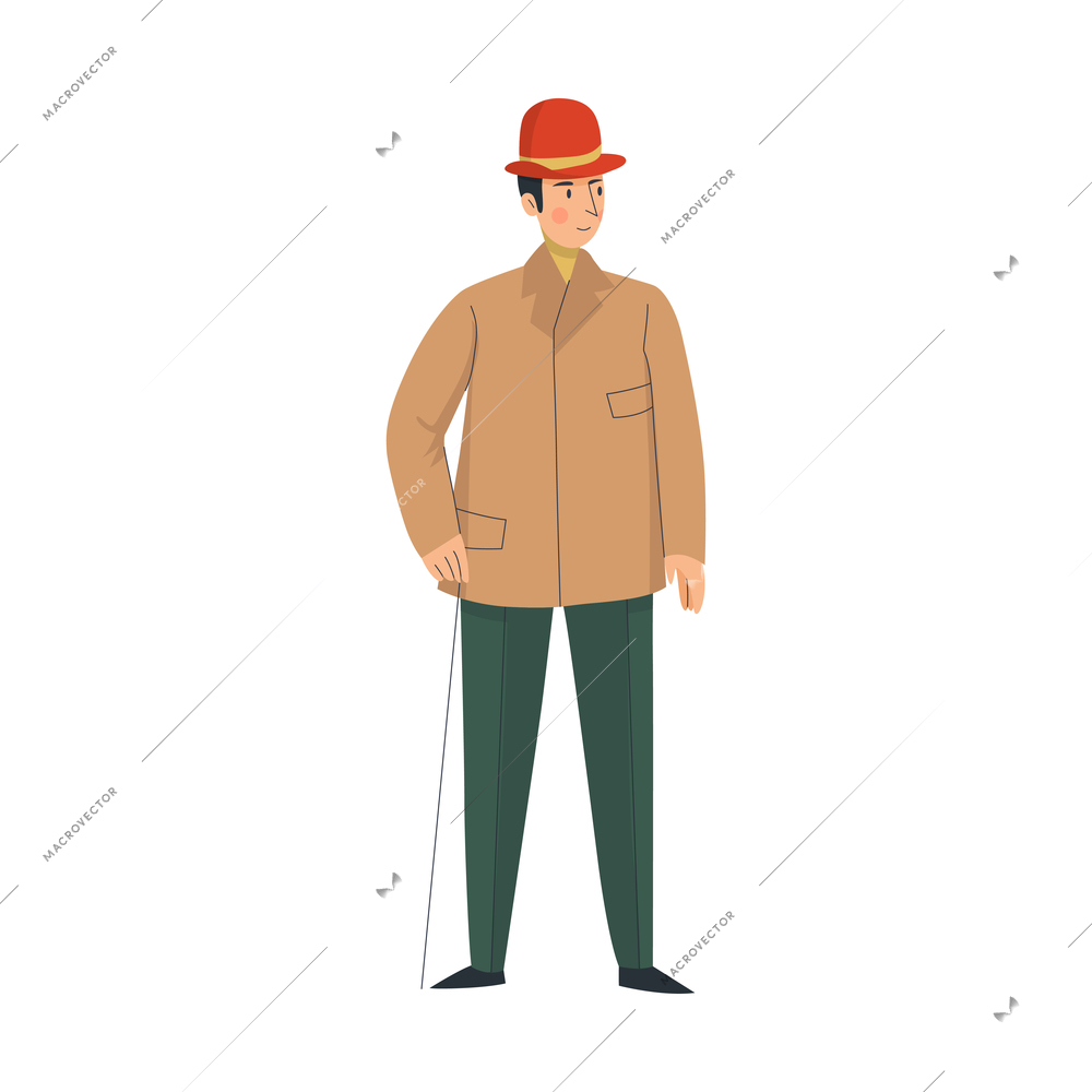 18th 19th century old town fashion composition with isolated human character of man in hat vector illustration