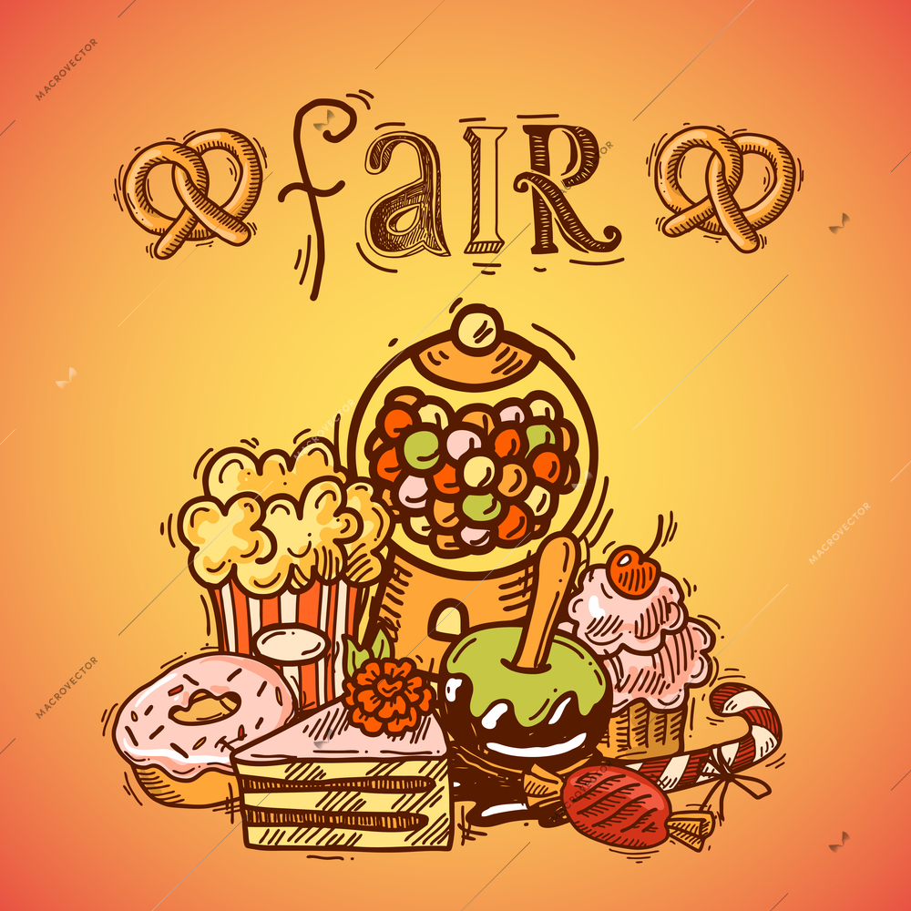 Sweets sketch fair background with popcorn candies chocolate ice cream vector illustration