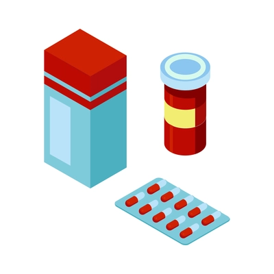 Isometric ambulance car first aid composition with isolated images of pills in packages vector illustration