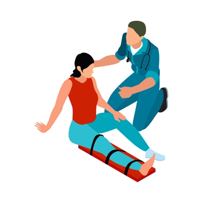 Isometric ambulance car first aid composition with isolated character of female victim with broken leg and medical specialist vector illustration