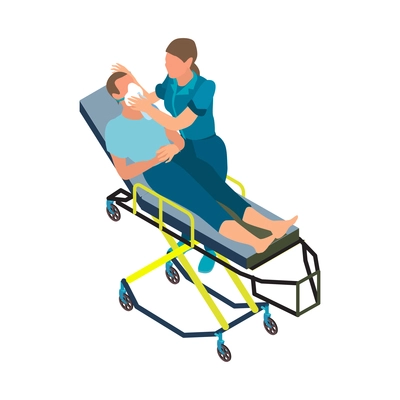 Isometric ambulance car first aid composition with isolated crash cart with patient and doctor wearing breathing mask vector illustration