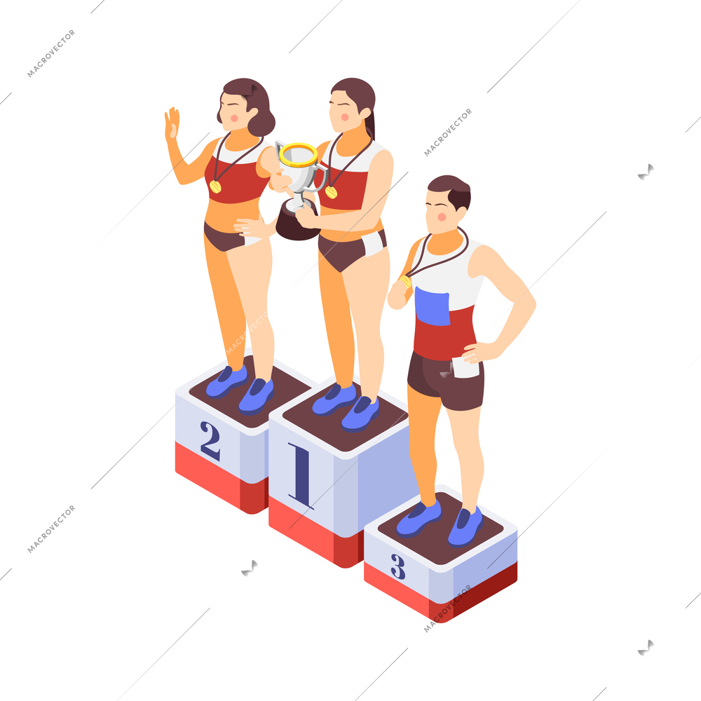 Jogging running people fitness accessories isometric composition with isolated image of winners podium with athletes vector illustration