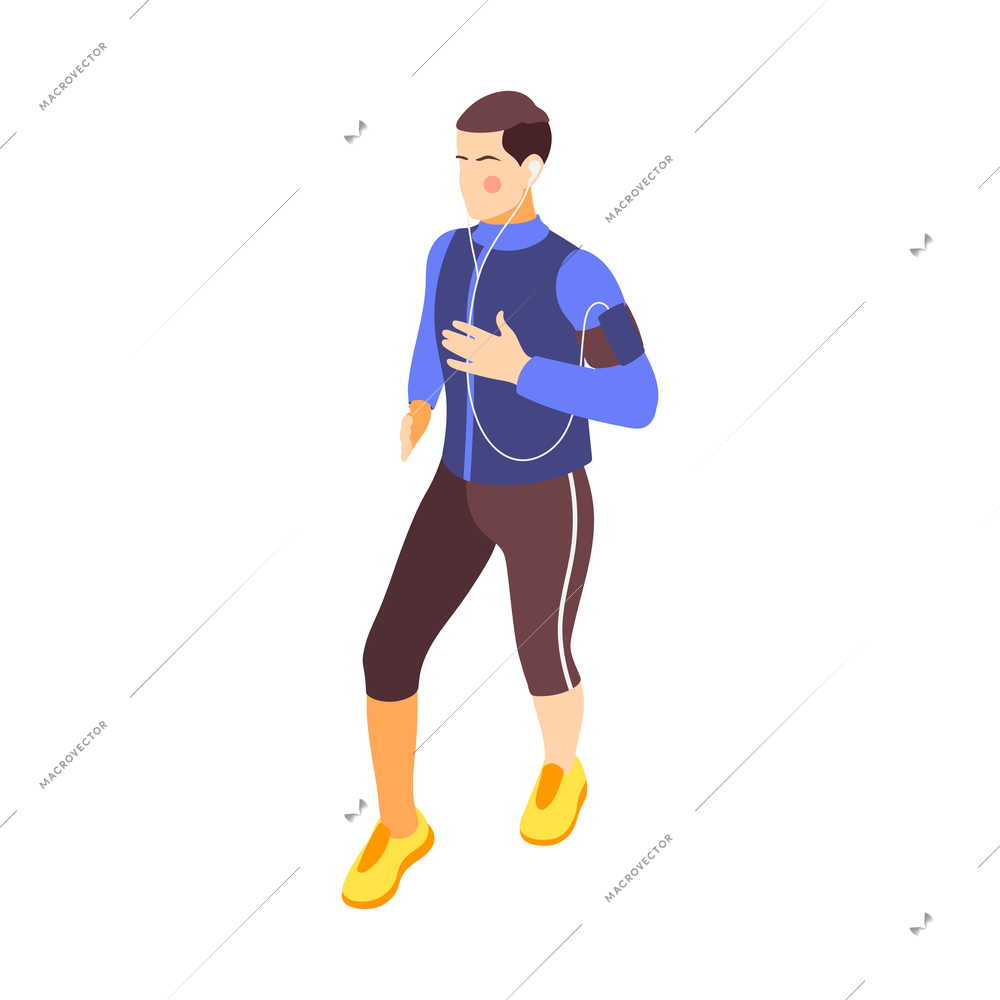 Jogging running people fitness accessories isometric composition with isolated male character running with headphones vector illustration