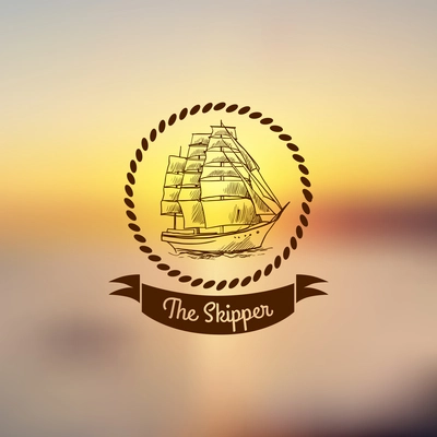 Nautical emblem with sketch sailing clipper ship with frame on light background vector illustration